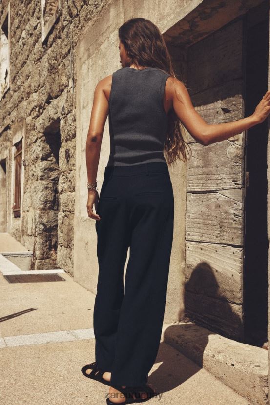 Zara pantalones tapered con pliegues mujer H6RHL2492 Azul marino ropa