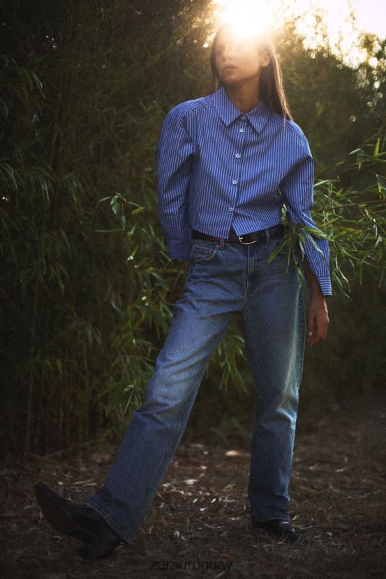 Zara jeans z1975 de talle alto, pernera ancha y largo mujer H6RHL2507 azul ropa