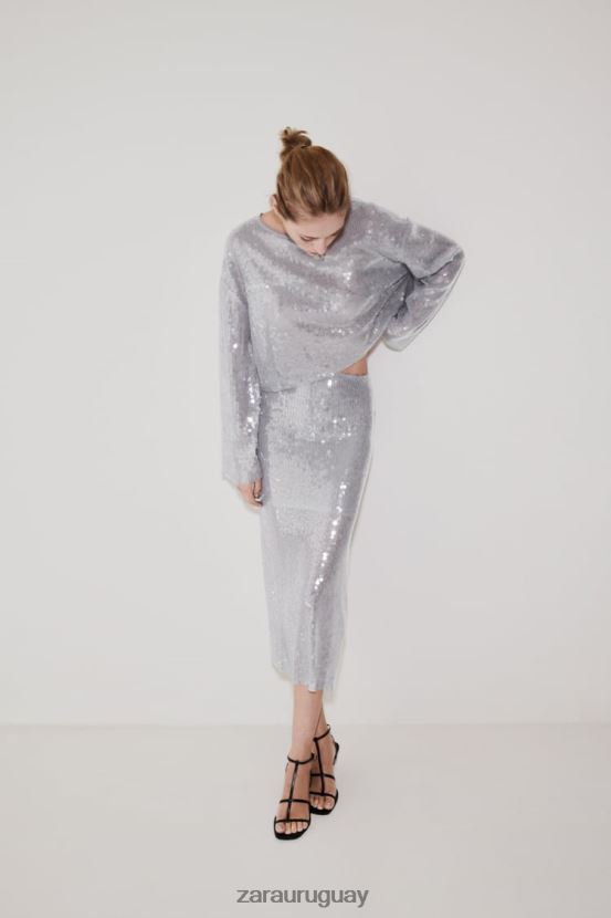 Zara camiseta de lentejuelas mujer H6RHL2930 gris ropa