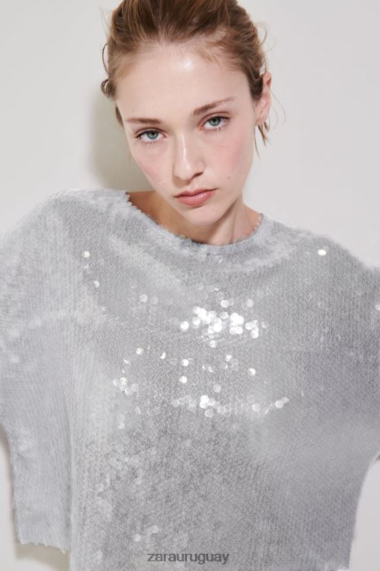 Zara camiseta de lentejuelas mujer H6RHL2930 gris ropa