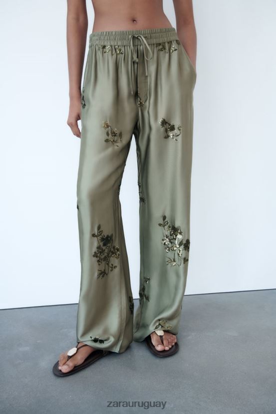 Zara pantalones con efecto satinado de lentejuelas mujer H6RHL2927 verde salvia ropa