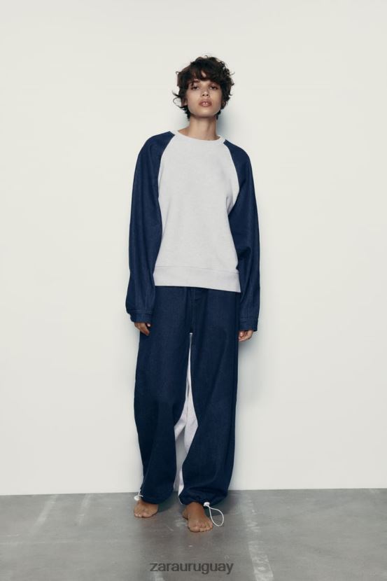Zara sudadera combinada de mezclilla mujer H6RHL2917 gris/azul ropa