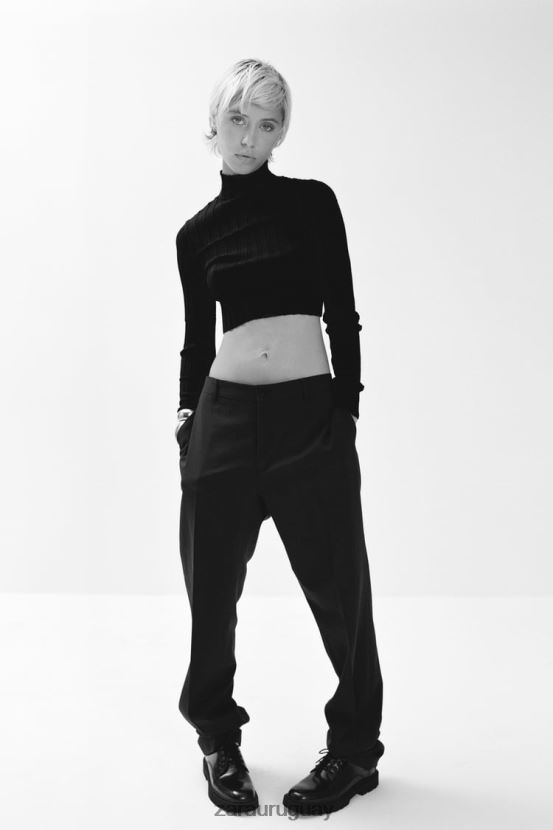 Zara suéter corto de punto de canalé mujer H6RHL2480 negro ropa