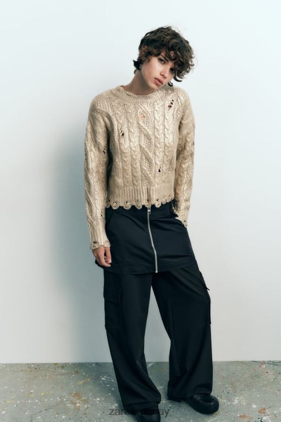 Zara suéter tejido de ochos metalizado mujer H6RHL2941 visón claro ropa