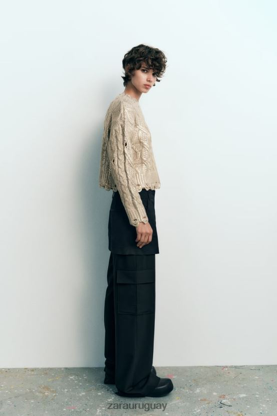 Zara suéter tejido de ochos metalizado mujer H6RHL2941 visón claro ropa