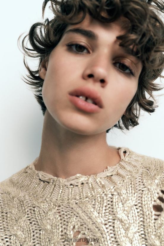 Zara suéter tejido de ochos metalizado mujer H6RHL2941 visón claro ropa