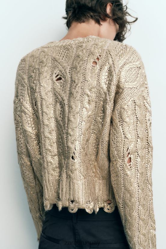 Zara suéter tejido de ochos metalizado mujer H6RHL2941 visón claro ropa