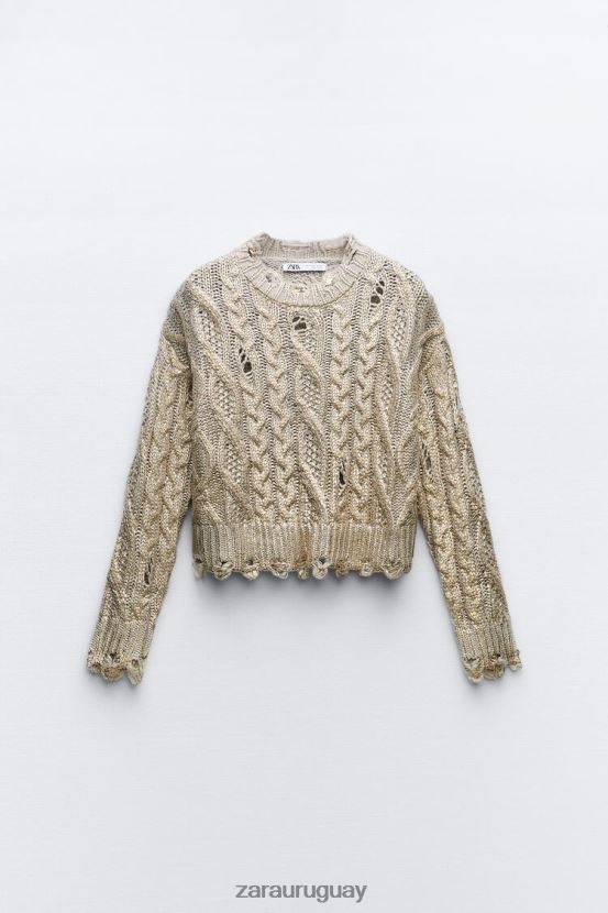 Zara suéter tejido de ochos metalizado mujer H6RHL2941 visón claro ropa