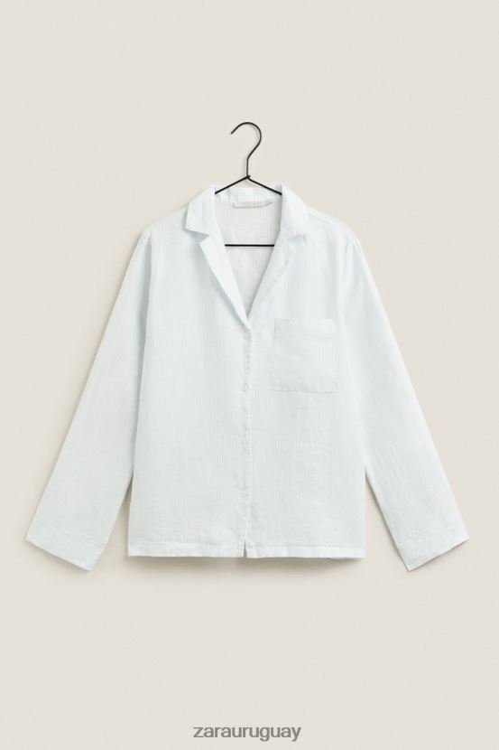 Zara camisa de lino a rayas mujer H6RHL21806 azul claro ropa