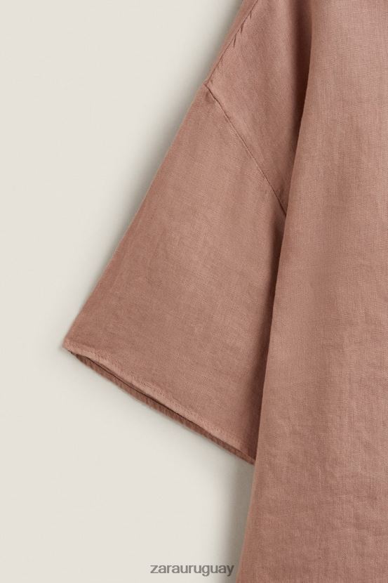 Zara camisa de lino de manga corta mujer H6RHL21816 Rosa palido ropa