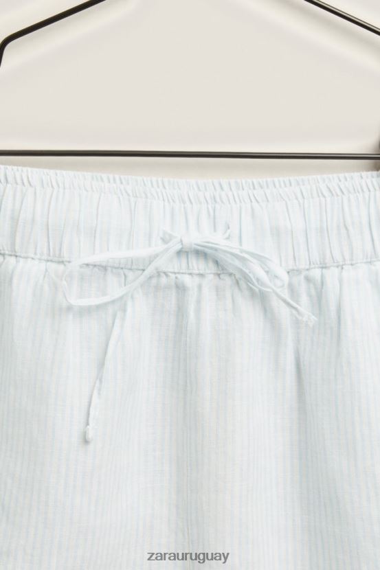 Zara pantalones cortos de lino a rayas mujer H6RHL21807 azul claro ropa