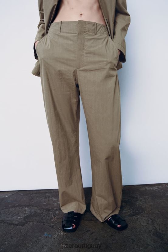 Zara pantalones casuales de pierna recta mujer H6RHL2916 caqui claro ropa