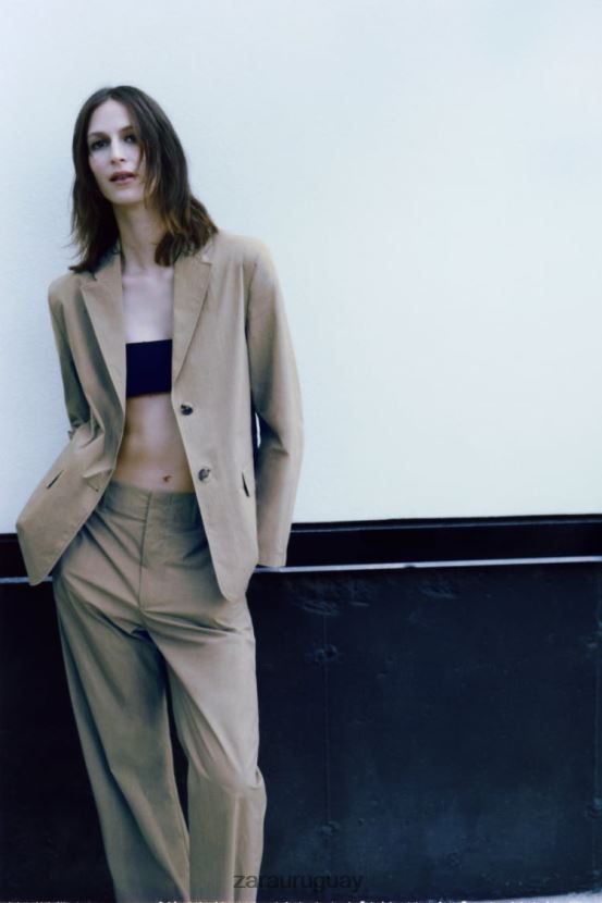 Zara pantalones casuales de pierna recta mujer H6RHL2916 caqui claro ropa