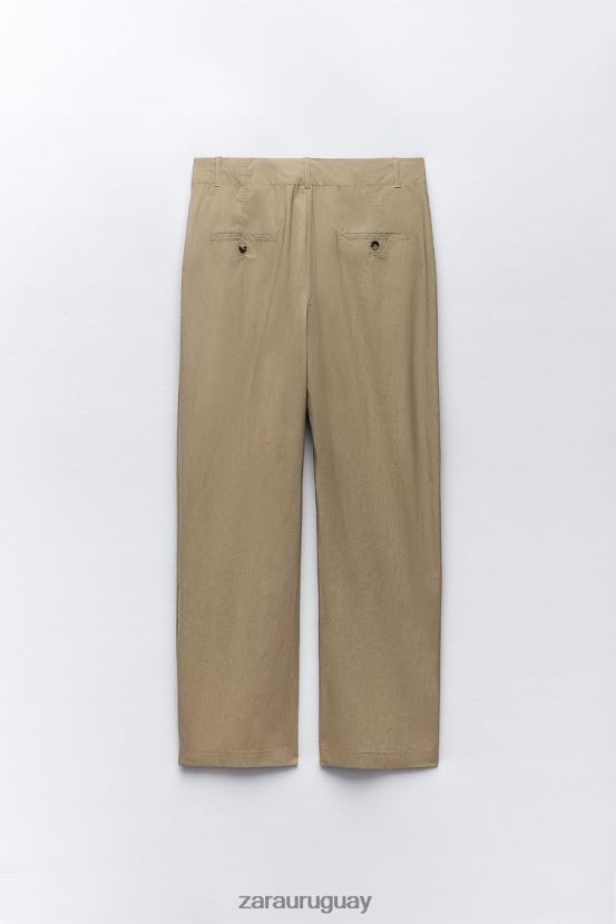 Zara pantalones casuales de pierna recta mujer H6RHL2916 caqui claro ropa