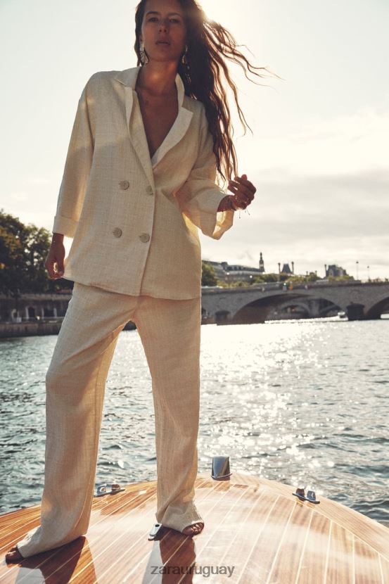 Zara pantalones rectos con aspecto arrugado mujer H6RHL2907 crudo ropa