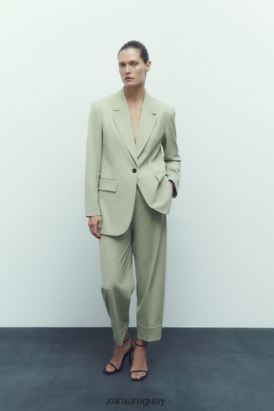 Zara pantalones rectos con puños vueltos mujer H6RHL2909 verde claro ropa