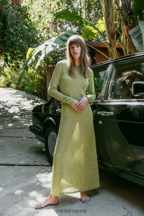 Zara vestido con hilo metalico mujer H6RHL2230 verde ropa