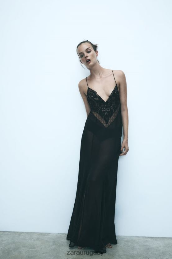 Zara vestido de georgette con ribete de guipur mujer H6RHL2236 negro ropa