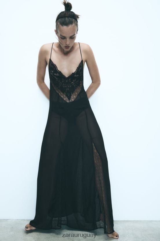 Zara vestido de georgette con ribete de guipur mujer H6RHL2236 negro ropa