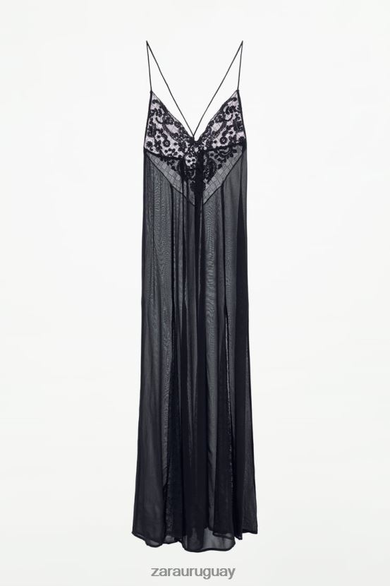 Zara vestido de georgette con ribete de guipur mujer H6RHL2236 negro ropa