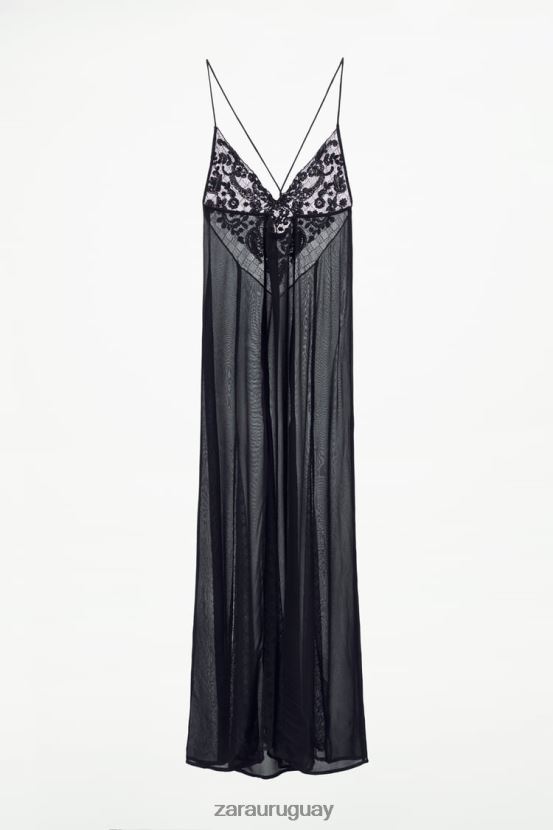 Zara vestido de georgette con ribete de guipur mujer H6RHL2236 negro ropa