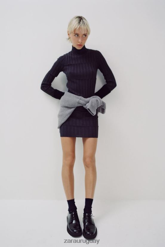 Zara vestido de punto de canalé con cuello alto mujer H6RHL2227 gris antracita ropa
