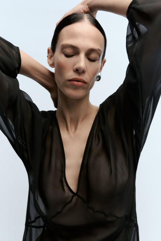 Zara vestido largo semitransparente mujer H6RHL2829 negro ropa