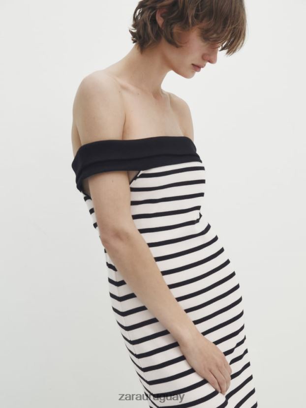 Zara vestido midi de rayas con cuello barco en contraste mujer H6RHL2866 ostra blanca ropa