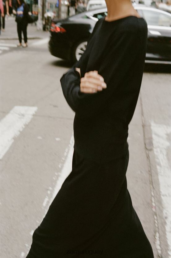 Zara vestido midi tejido con fajín mujer H6RHL2228 negro ropa