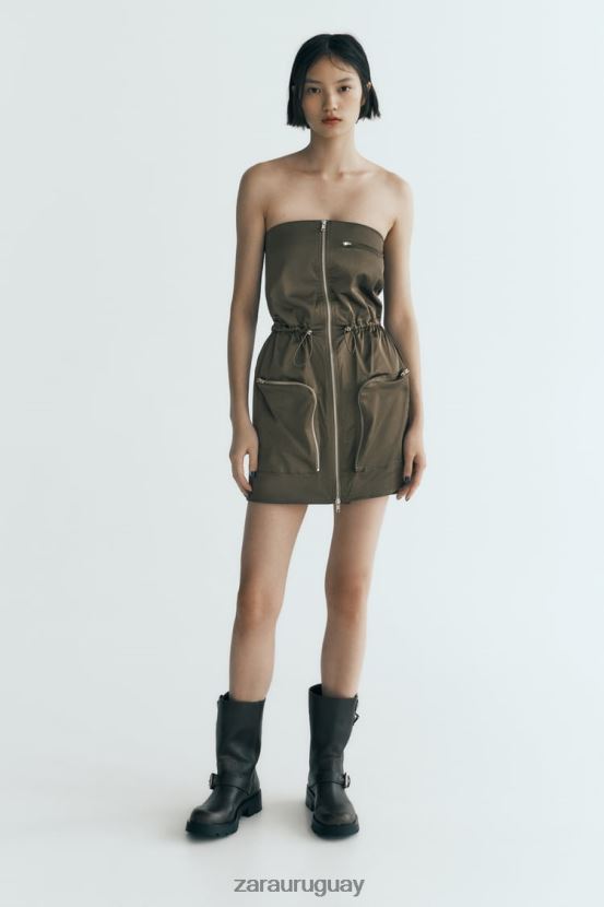 Zara vestido sin tirantes mujer H6RHL2240 caqui oscuro ropa