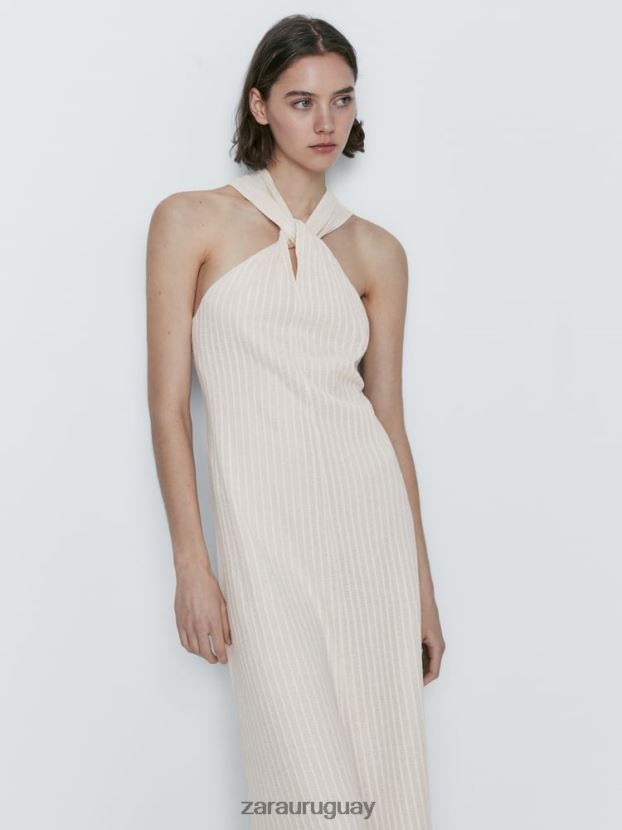 Zara vestido texturizado con tirantes cruzados mujer H6RHL2841 crudo ropa