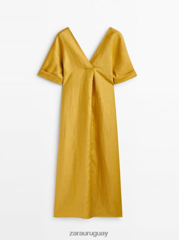 Zara vestido tipo túnica con efecto arrugado mujer H6RHL2837 paja ropa
