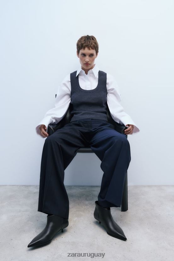 Zara botines de cuero con tacón gatito mujer H6RHL2729 negro calzado