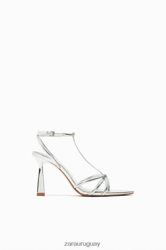 Zara sandalias de tacón con tiras metalizadas mujer H6RHL2936 plata calzado
