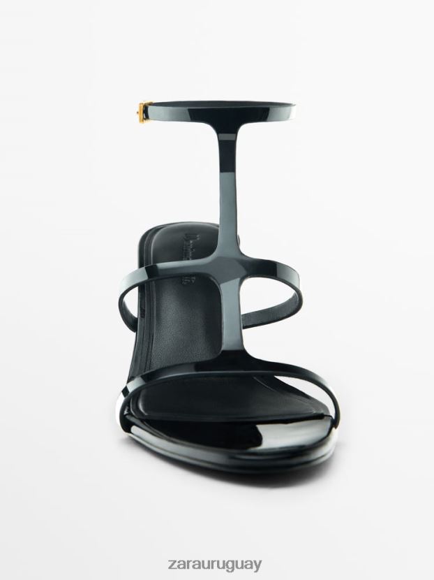 Zara sandalias de tacón con tiras y acabado de charol mujer H6RHL2861 negro calzado