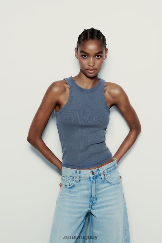 Zara camiseta sin mangas de canalé lavada mujer H6RHL2274 azul ropa