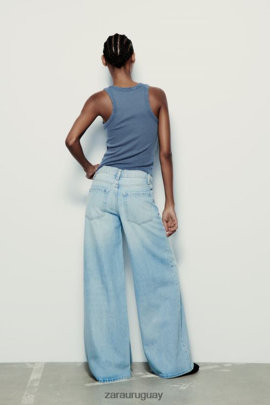 Zara camiseta sin mangas de canalé lavada mujer H6RHL2274 azul ropa