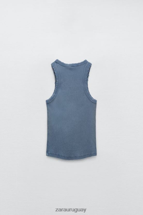 Zara camiseta sin mangas de canalé lavada mujer H6RHL2274 azul ropa