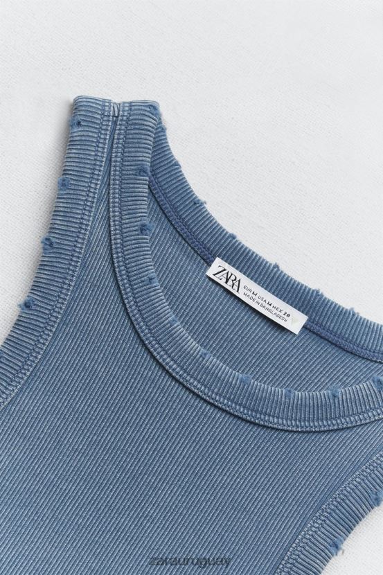 Zara camiseta sin mangas de canalé lavada mujer H6RHL2274 azul ropa