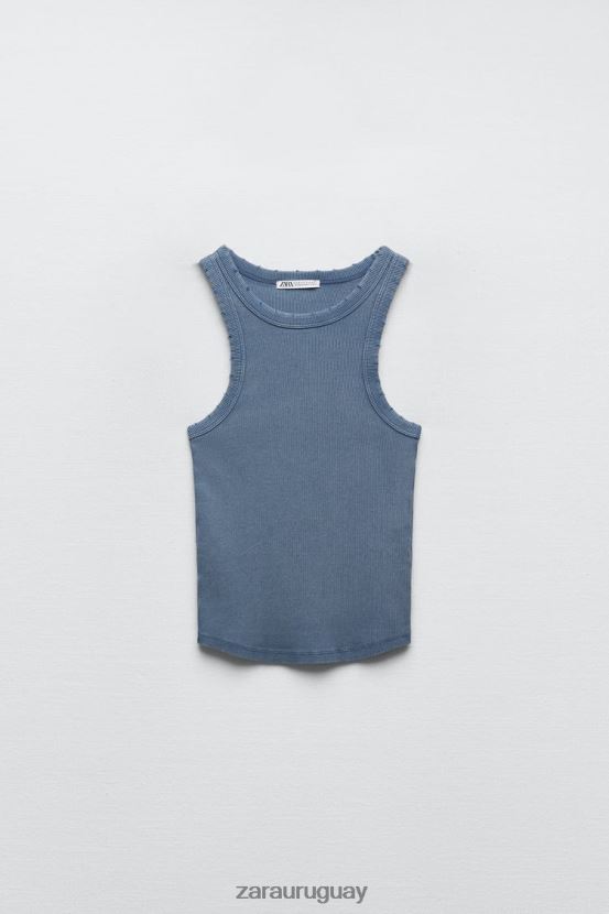 Zara camiseta sin mangas de canalé lavada mujer H6RHL2274 azul ropa