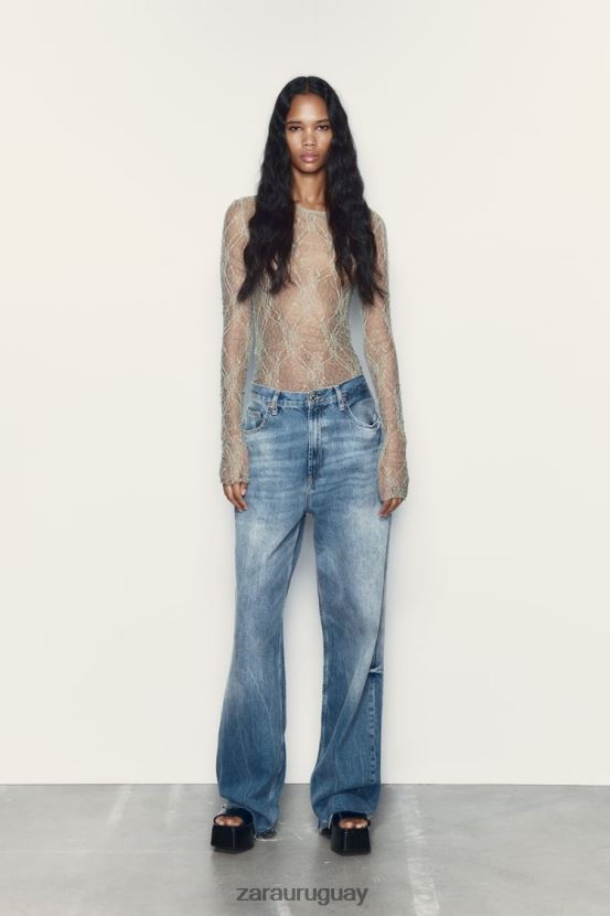 Zara mono de encaje mujer H6RHL2269 caqui claro ropa