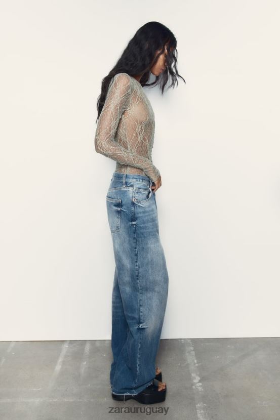 Zara mono de encaje mujer H6RHL2269 caqui claro ropa