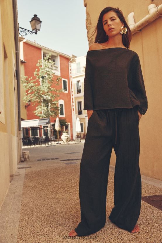 Zara top asimétrico en mezcla de lino mujer H6RHL2280 marron oscuro ropa