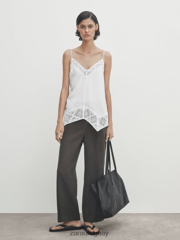 Zara top de tirantes con detalle de crochet mujer H6RHL2846 ostra blanca ropa