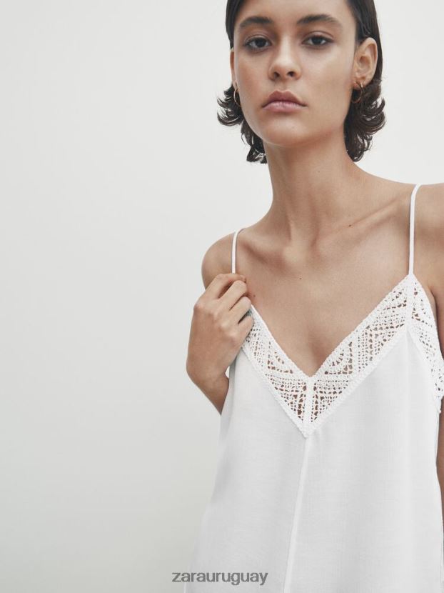 Zara top de tirantes con detalle de crochet mujer H6RHL2846 ostra blanca ropa