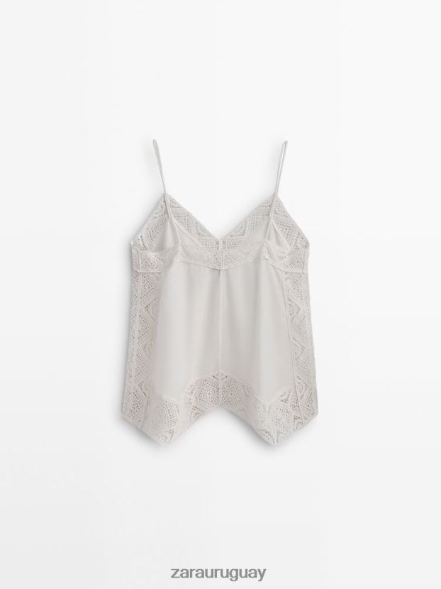 Zara top de tirantes con detalle de crochet mujer H6RHL2846 ostra blanca ropa
