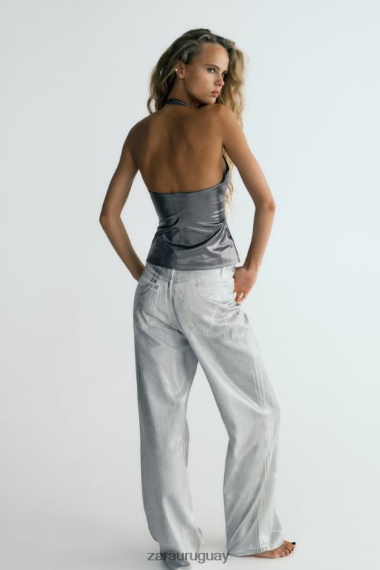 Zara top sin mangas metalizado mujer H6RHL2266 acero ropa