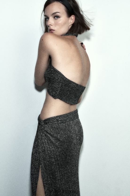 Zara top tejido cruzado con hilo metalizado mujer H6RHL2262 negro ropa