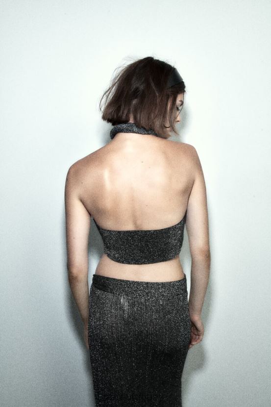 Zara top tejido cruzado con hilo metalizado mujer H6RHL2262 negro ropa