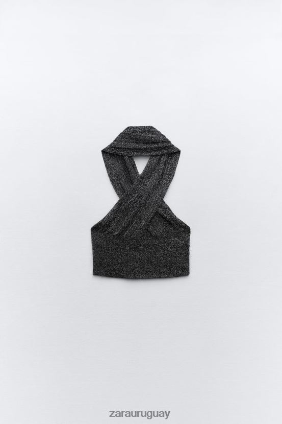 Zara top tejido cruzado con hilo metalizado mujer H6RHL2262 negro ropa